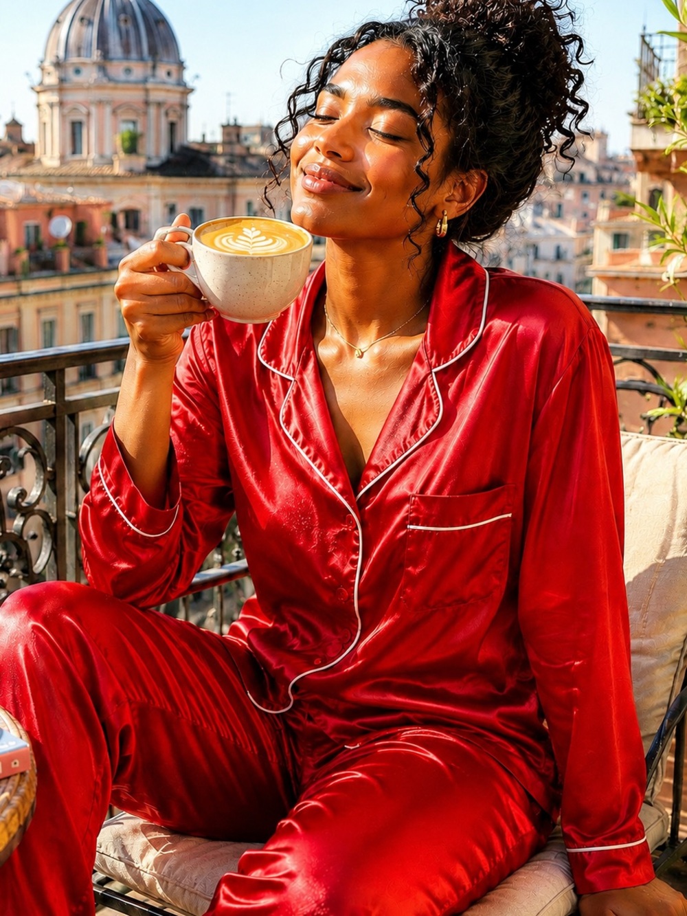 Just Love Red Satin Pajamas with White Piping XL Silky Button Front Lounge Shirt